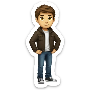 tech boy with brown hair, arms folded, side profile standing full body, zoom in sticker