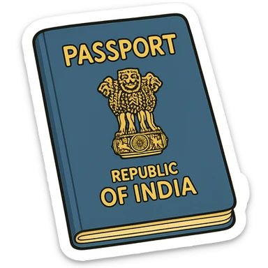 cartoon style Indian passport, blue cover with gold emblem, slightly tilted sticker