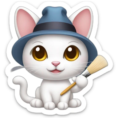 Kawaii cat artist in hat holding palette and brush so it can be used as a mouse cursor sticker