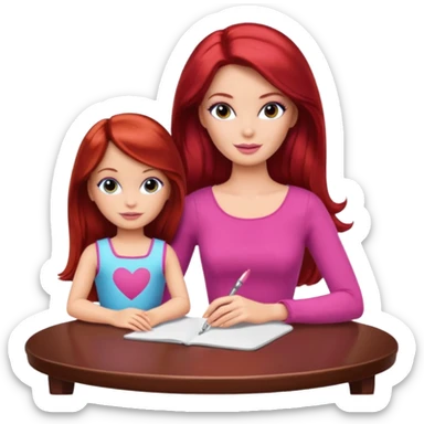 A Barbie girl with makeup, with long dark brown hair, with a child, a daughter with red hair, sitting at a table sticker