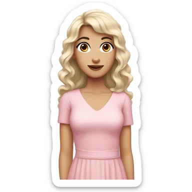 White woman with long black curly hair and bangs and dark brown eyes, wearing a pastel pink dress sticker