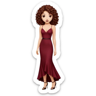 Chica blanca ,ojos marrones, vestido granate muy largo sexy , tirantes cuerpo entero pelo rizado  zapatos negros tacon sticker