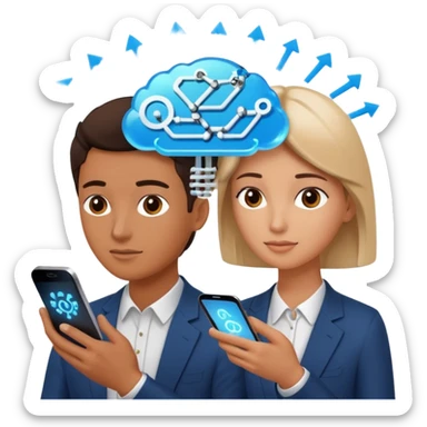 Generate a realistic emoji of a two people using a phone which shows artificial intelligence. Out of the phone is coming 3d ideas and electric symbols and a lot of small ideas popping up sticker