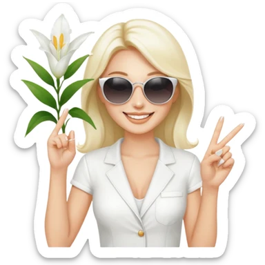 Professional sexy woman smiling holding lilies posing in shades  and flashing peace sign fingers sticker