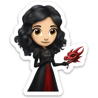 surprised Lavish black evening gown with see-through gloves, Jenna Ortega as Addams girl Jedi wearing a steampunk mini tiara, very large blood red evil-looking horned dragon sticker