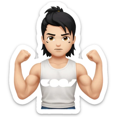 generate a pretty bratz boy with messy long mullet hair, sleeveless white tshirt, big biceps. Black hair sticker
