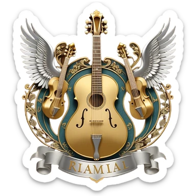 Create a complex, ceremonial, and professional emoji resembling a coat of arms, symbolizing plucked string instruments. The design should feature a combination of elements such as the necks and fretboards of various plucked string instruments like guitars, harps, and mandolins. The strings should be clearly visible, and the frets should be detailed. Intertwining with the instruments, there should be a flowing ribbon of musical notes, curving elegantly around the instruments and connecting them. The colors should include golden metallic tones, warm wood finishes, and silver accents to emphasize the professional and festive nature of the design. The background should be regal, using subtle textures or patterns to give a sense of grandeur, while keeping the instruments and notes as the focal point. The design should evoke a sense of celebration and sophistication, reflecting the rich tradition of plucked string instruments. sticker