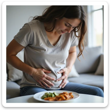 adult woman, photorealistic, dieting for intestinal problems, sitting with curved posture, hands pressing on abdomen, light food plate in front, natural light, kitchen background sticker