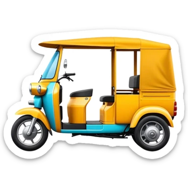 Cinematic Realistic Tuk Tuk Emoji, depicted as a vibrant iconic three-wheeled vehicle with bold colors and a compact design, rendered with crisp textures and dynamic urban lighting that captures its quintessential Thai charm. sticker