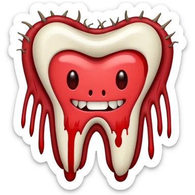 Minimalist emoji-style sticker of a pulled tooth with roots and a smear of blood at the base. Black and desaturated red colors. Flat, clean outline on white.
 sticker