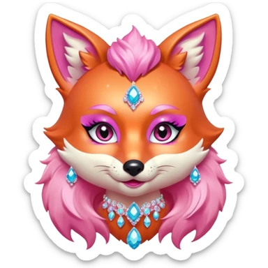 glamorous fox portrait, head and shoulders only, exaggerated pink makeup, bright eyeshadow, long eyelashes, shiny blush cheeks, sparkling face gems, glitter accents, elegant earrings, fantasy beauty style, cute 3D cartoon, mobile game icon style, clean background, no text, no watermark
 sticker