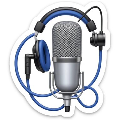 Create a sleek and professional emoji that represents voice acting and dubbing equipment. The design should feature a high-quality microphone, a sound mixer or audio interface, and headphones to symbolize the recording and technical process. Include elements like a soundproof booth or audio cables to reflect the studio environment. Use a modern, clean design with colors like silver, black, and dark blue to represent the professional side of voice acting. The background should be transparent. sticker