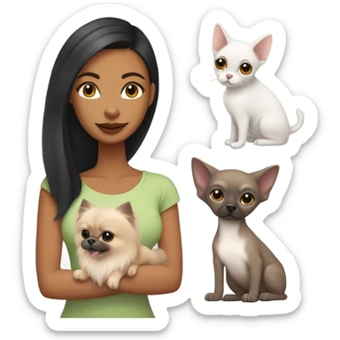 Latino woman with black staight hair and brown eyes is holding a grey sphynx cat and a ginger pomeranian dog sticker
