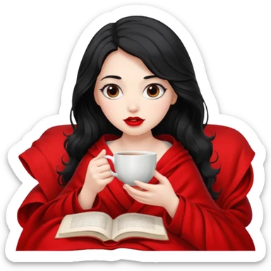 Long wavy Black haired, white skinned, dark big eyed girl with red lipstick wrapped in a blanket, sipping tea and reading a book sticker