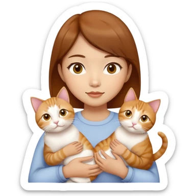 Asian girl, brown hair, brown eyes skin tone almond holding three cats one ginger, one yellow white one British short hair cream colour sticker