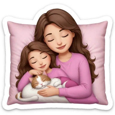 girl with wavy long brown hair, brown eyes, light to medium complexion, long lashes, light pink lipstick, smiling, wearing light pink shirt, sleeping on a cozy pillow, cuddling a cat  sticker