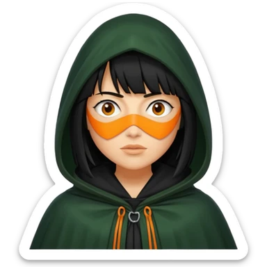 traitor tv show, person wearing dark green cloak with hood up who looks like claudia winkleman orange skin tone and thick black fringe sticker