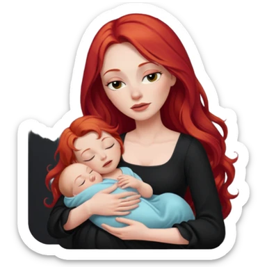 White woman in black dress with long red hair and makeup holding one sleeping baby sticker
