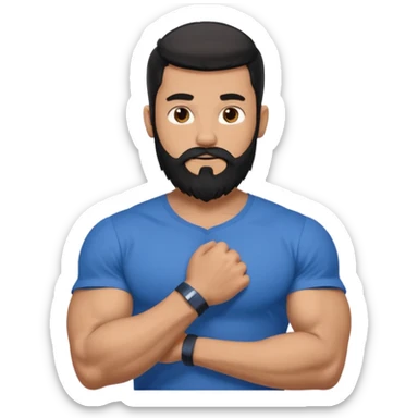 generate an ios genmoji of a 20 year old tan boy with long long long black beard that reaches his chest. Big biceps. wearing a blue shirt that fits his arms sticker