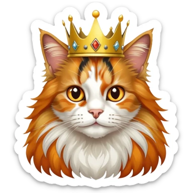 calico maine coon cat with orange, black and white patches wearing a golden crown sticker