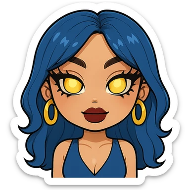 Make her look nice and cute, but with slightly scary eyes, keep gyaru style, blue hair, pretty makeup, bratz baddie style, emoji style, with no background. sticker