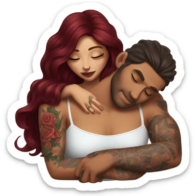 Beautiful tattooed burgundy long haired woman laying on the boyfriends chest sticker