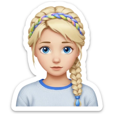 Blonde girl with messy braid in and a white sweater with blue eyes sticker