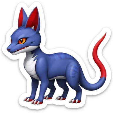 midnight blue-gray-black, with red markings, white belly, scaley Bastet-Noibat-Gatomon-Garchomp-Digimon-Fakémon-Pokémon-creature (full body) sticker