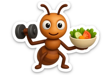 EMOJI STILE IPHONE 3D DI UNA formica CHE ha un manubrio da palestra nella mano destra e un insalata nella mano sinistra, FAGLI GLI OCCHI CON LA PARTE BIANCA, NON SOLO LA PUPILLA sticker