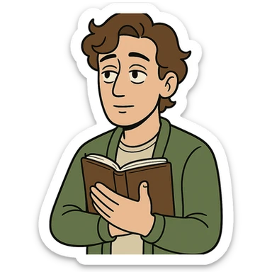 Calm and thoughtful male confidant, fair skin, soft wavy brown hair, gentle eyes, wearing a green cardigan over a light shirt, holding an open journal close to chest, waist-up, front-facing, pure background sticker