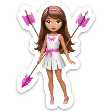 Hada sexy cupido pequeña  de cabello largo lacio castaño con flequillo y ojos cafés  vestida con algo sensual corto color blanco o rojo arco delgado con un color que combinen   y flechas  igual delgadas  que combinen y labios rosas tipo Barbie pero en hada cupido de cuerpo completo ojos sexys  sticker