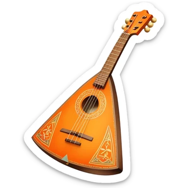 Create a traditional and vibrant emoji representing a Russian balalaika. The design should feature the distinctive triangular shape of the balalaika with three strings, a beautifully crafted wooden body, and visible tuning pegs. Add musical notes around the instrument to emphasize its cultural significance and melodic sound. Use warm, rich colors like natural wood tones, bright orange, and gold accents to evoke the authenticity of Russian folk music. The background should be transparent. sticker