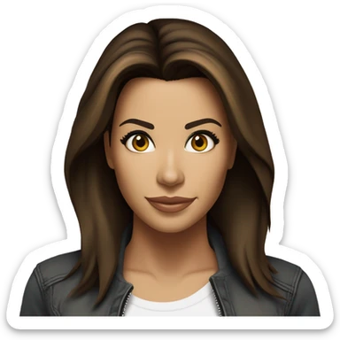 3/4 face, contrasted, shadow, light, Eva Longoria expression, standing from a distance, thin nose, brunette woman, hazel eyes, long eyelashes, dark shoulder shaded hair, white t-shirt, jeans, white sneakers sticker