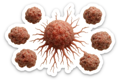 cellule umane anatomiche tumorali e deformi fluttuano in aria,+ iperrealistico 4k sticker