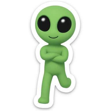 An alien dancing in neon green, almost identical to the reference image, with arms crossed and a slightly changed pose for animation frame 10. PNG with transparent background. sticker