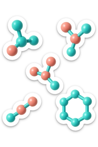 emoji 3d stile iphone di cinque molecole chimiche turchesi e rosa salmone che fluttuano in aria 3d sticker