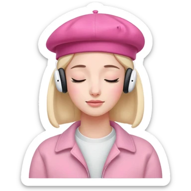 girl wearing a pink beret and AirPods Max headphones, listening to music with closed eyes sticker