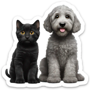 Grey labradoodle puppy next to a black kitten sticker