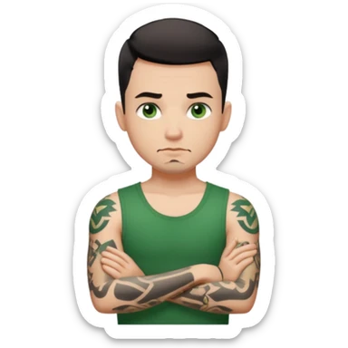 White young man with short black taper fade hair cut and slight goatee and neutral expression with his arms folded. Green eyes and black arm tattoos sticker