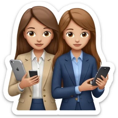 two brown haired girls, looking professional maybe leaned on each others back and looking forward and using phones, with long hair and one girl can hold lap top another one can hold the phone, professional clothes, more stylish sticker