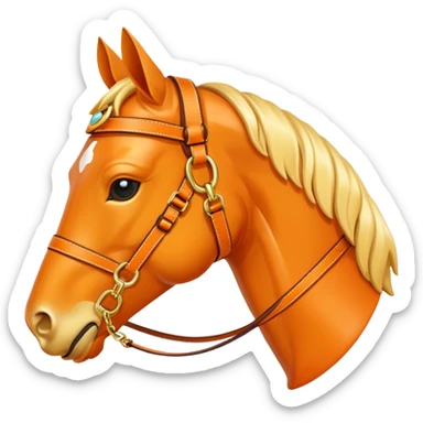 Hermès-style horse head emoji, modern harness design, Hermès orange and gold, luxury, cute sticker