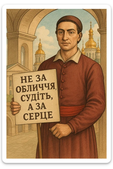 Create an illustrative style image of the character from the provided photo holding a sign with the text: "Не за обличчя судіть, а за серце". The style should be illustrative and detailed, capturing the essence of the character and the message on the sign. sticker