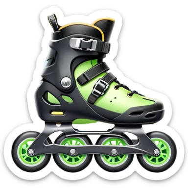 An icon showing a close-up of inline rollerblades resting on smooth asphalt in a park. The background features trees, grass, and a clear sky, with the vibrant green landscape creating a serene outdoor vibe. The skates' wheels are highlighted against the pavement. Transparent background  sticker