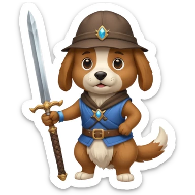cool dog with a backwards hat wielding a large fantasy sword sticker