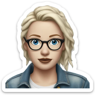 Create a Hyper Realistic pale beautiful tattooed 3D woman with glasses and blue eyes wearing denim jacket sticker