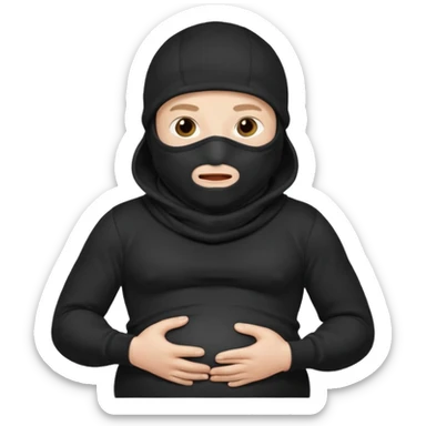 a man who is pregnant and wears a balaclava in his face and we can see his stomach who is bulging and pregnant sticker