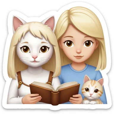 Un gato blanco con manchas atigradas leyendo un libro junto a una chica rubia de ojos marrones sticker