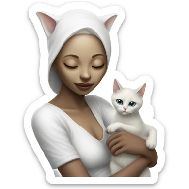 Photo realistic, alien female, kissing and embracing white cat, sticker
