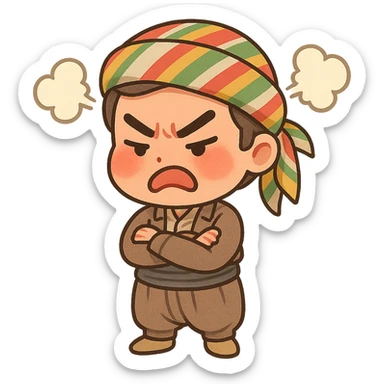 Kurdish sticker, angry mood, cartoon style, Kurdish person in traditional dress, arms crossed or frowning, steam or red cheeks, no text, suitable for messaging apps sticker