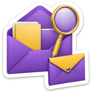 simple, minimalistic yellow (hex#FFD008) and purple (hex#8C52FF) icons of a pin, a working case, a folder, a magnifier, an email, an envelope sticker